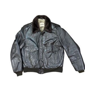 Vintage 1970s Van Cort Sherpa Fur Lined Brown Leather Bomber Jacket USA Made 44